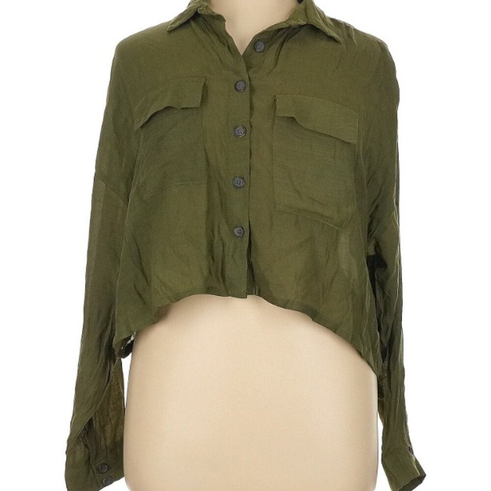Divided, Olive Green Two Front Pocket, Long Sleeve Crop Top, Button Down, L